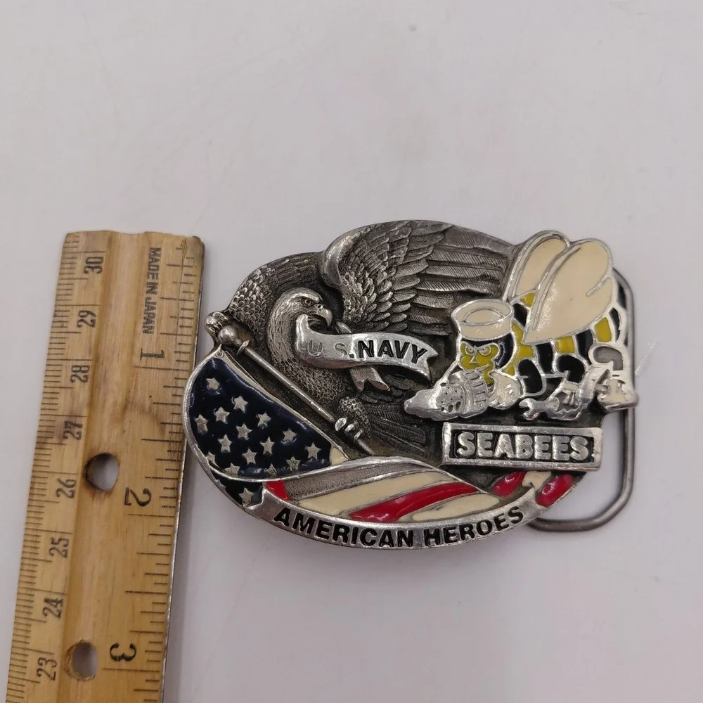 American Heroes U.S Navy SEABEES Eagle Flag Patriotic Solid Pewter Belt Buckle